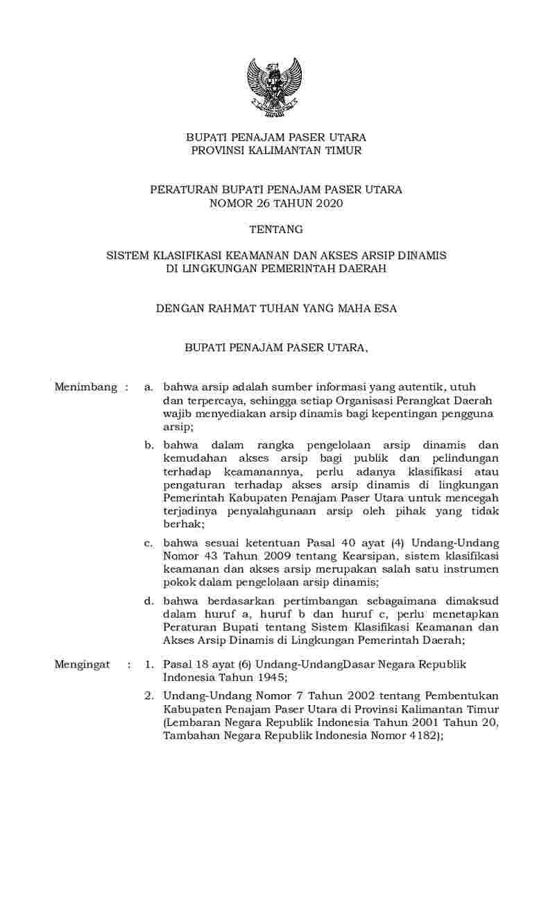 Peraturan Bupati Penajam Paser Utara No 26 tahun 2020 tentang Sistem Klasifikasi Keamanan dan Akses Arsip Dinamis di Lingkungan Pemerintah Daerah