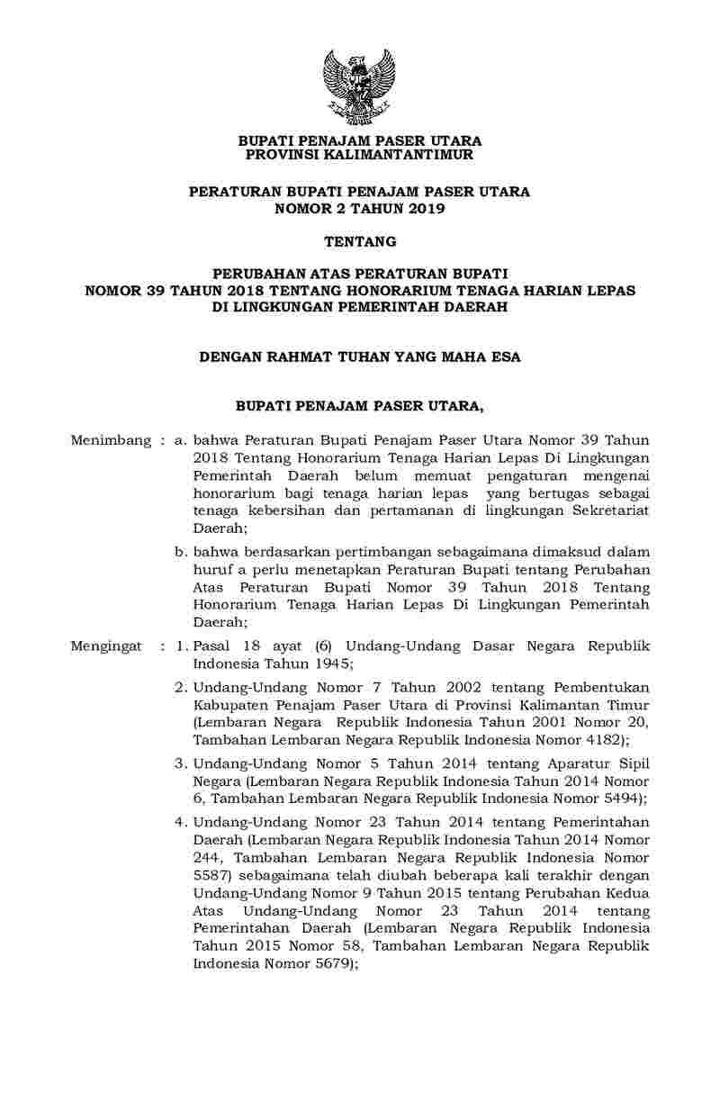 Peraturan Bupati Penajam Paser Utara No 2 tahun 2019 tentang Perubahan atas Peraturan Bupati Nomor 39 Tahun 2018 tentang Honorarium Tenaga Harian Lepas di Lingkungan Pemerintah Daerah