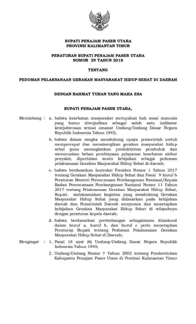 Peraturan Bupati Penajam Paser Utara No 29 tahun 2018 tentang Pedoman Pelaksanaan Gerakan Masyarakat Hidup Sehat di Daerah