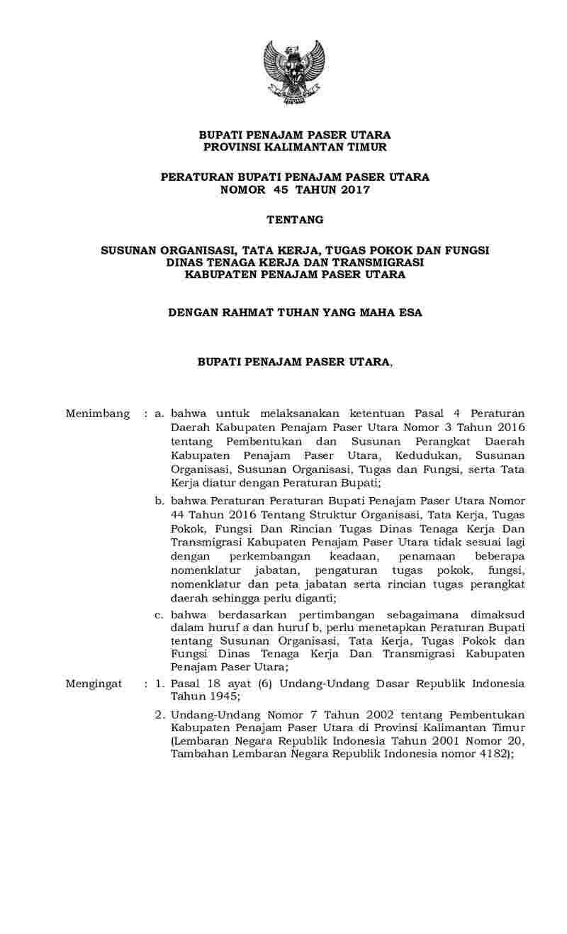 Peraturan Bupati Penajam Paser Utara No 45 tahun 2017 tentang Susunan Organisasi, Tata Kerja, Tugas Pokok dan Fungsi Dinas Tenaga Kerja dan Transmigrasi Kabupaten Penajam Paser Utara
