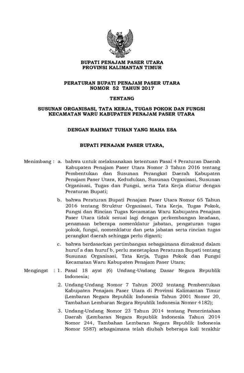 Peraturan Bupati Penajam Paser Utara No 52 tahun 2017 tentang Susunan Organisasi, Tata Kerja, Tugas Pokok dan Fungsi Kecamatan Waru Kabupaten Penajam Paser Utara