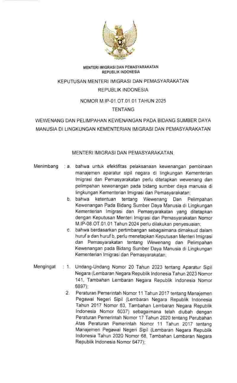 Keputusan Menteri Imigrasi dan Pemasyarakatan No M.IP-01.OT.01.01 tahun 2025 tentang Wewenang dan Pelimpahan Kewenangan pada Bidang Sumber Daya Manusia di Lingkungan Kementerian Imigrasi dan Pemasyarakatan