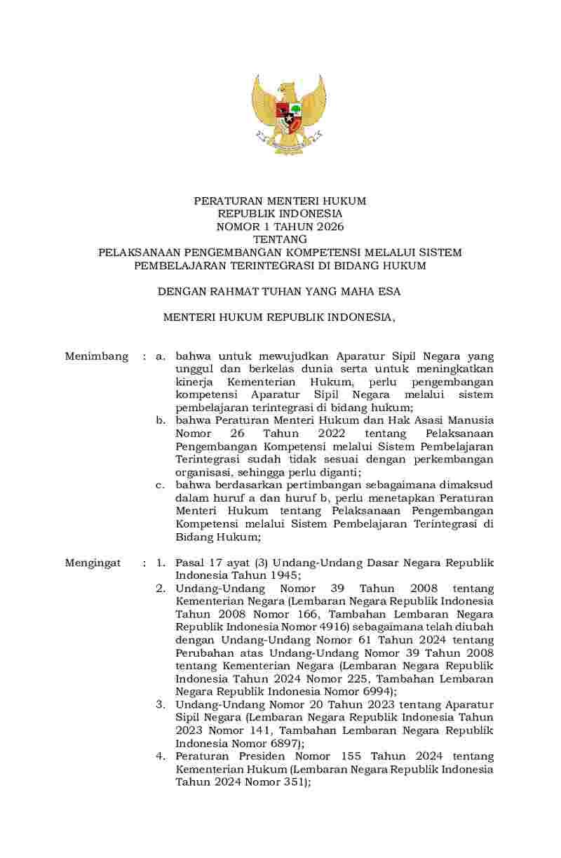 Peraturan Menteri Hukum No 1 tahun 2026 tentang Pelaksanaan Pengembangan Kompetensi melalui Sistem Pembelajaran Terintegrasi di  Bidang Hukum