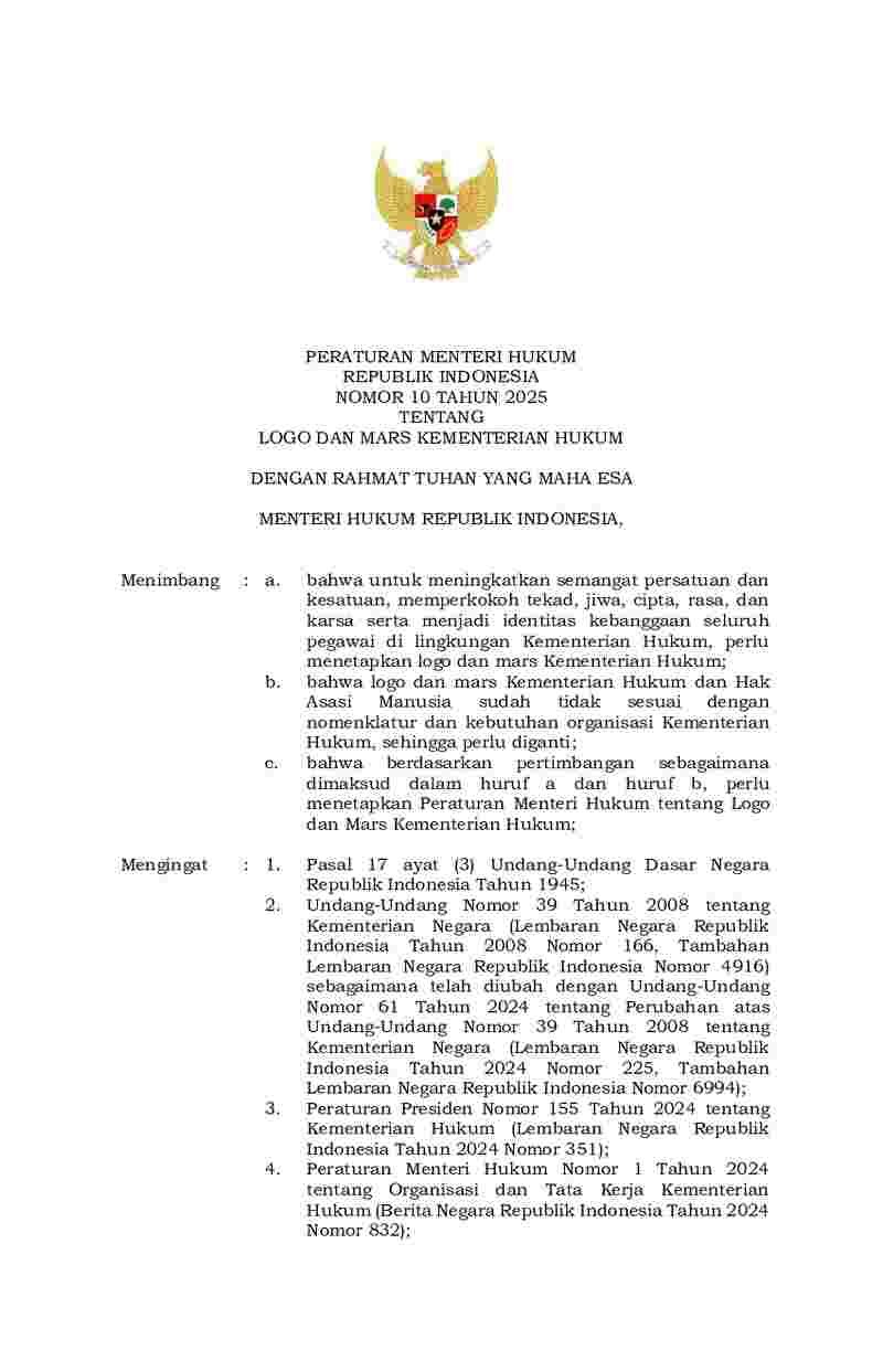 Peraturan Menteri Hukum No 10 tahun 2025 tentang Logo dan Mars Kementerian Hukum