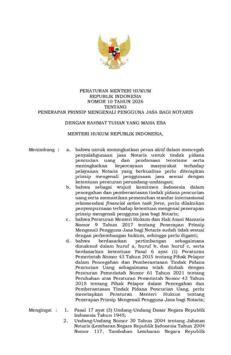 Peraturan Menteri Hukum No 10 tahun 2026 tentang Penerapan Prinsip Mengenali Pengguna Jasa bagi Notaris 