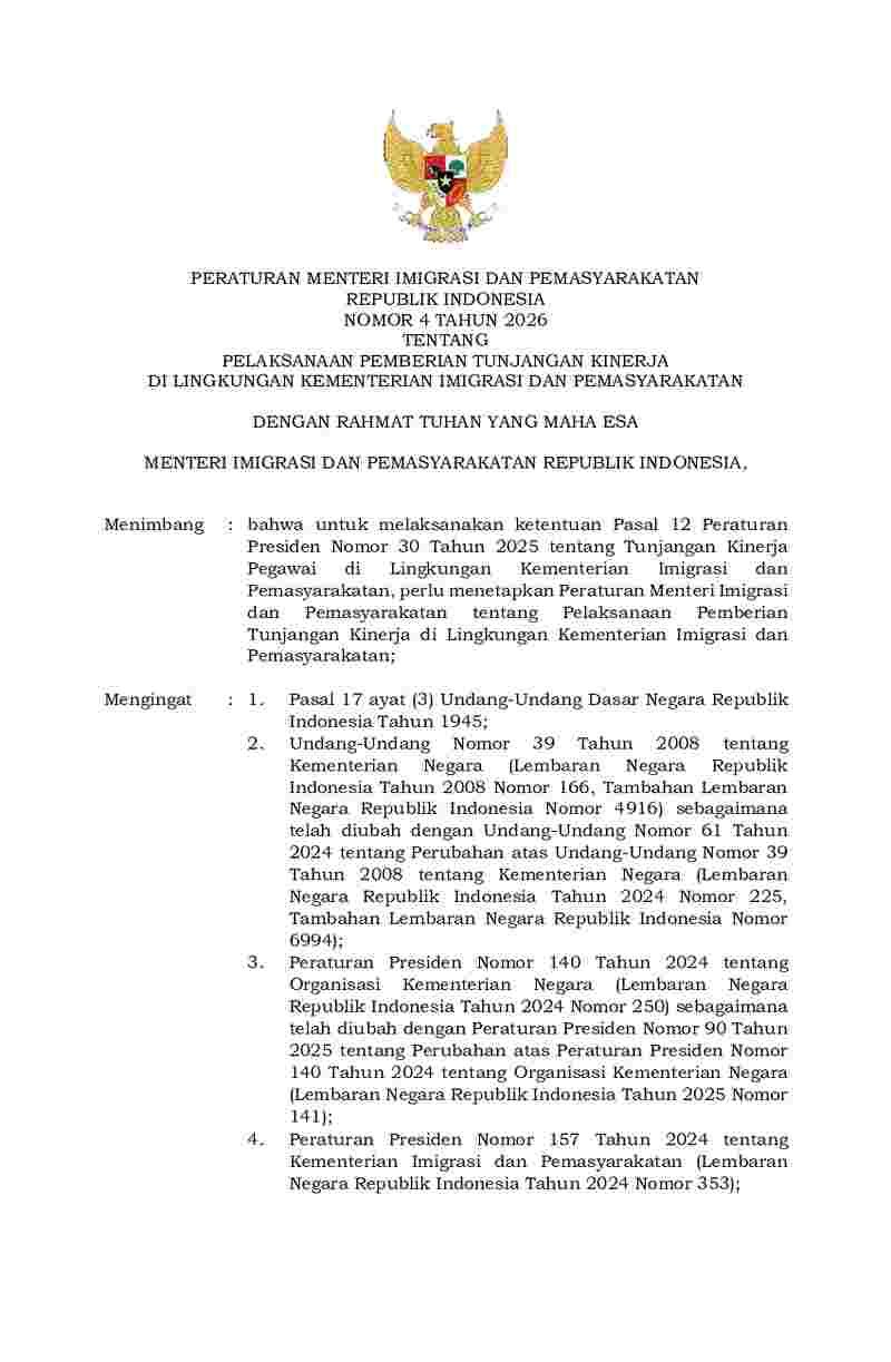 Peraturan Menteri Imigrasi dan Pemasyarakatan No 4 tahun 2026 tentang Pelaksanaan Pemberian Tunjangan Kinerja di Lingkungan Kementerian Imigrasi dan Pemasyarakatan