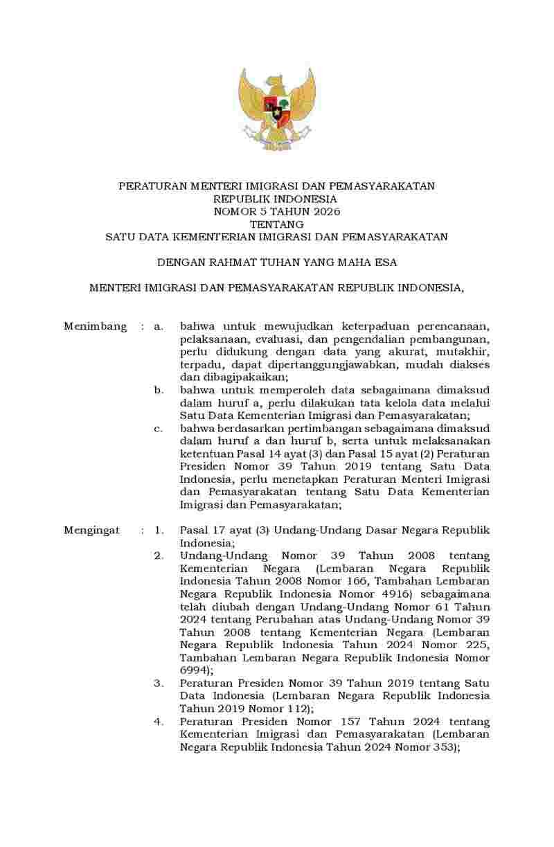 Peraturan Menteri Imigrasi dan Pemasyarakatan No 5 tahun 2026 tentang Satu Data Kementerian Imigrasi dan Pemasyarakatan
