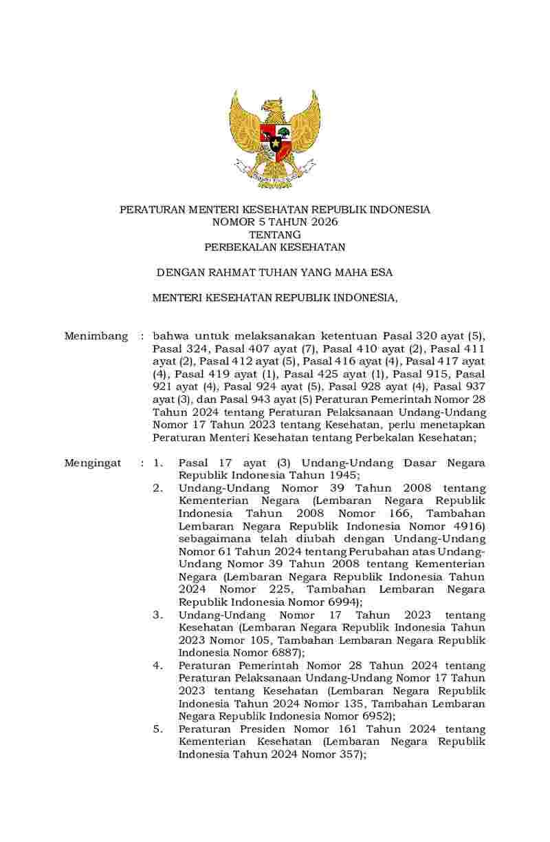 Peraturan Menteri Kesehatan No 5 tahun 2026 tentang Perbekalan Kesehatan