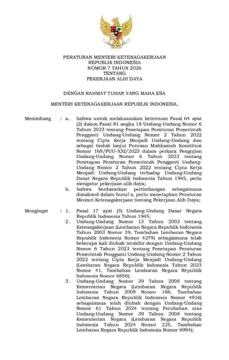 Peraturan Menteri Ketenagakerjaan No 7 tahun 2026 tentang Pekerjaan Alih Daya