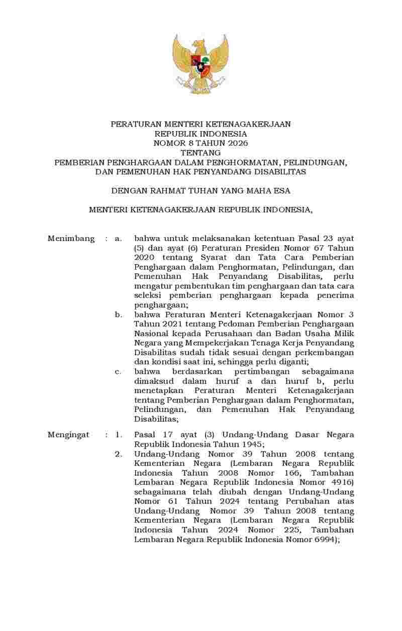 Peraturan Menteri Ketenagakerjaan No 8 tahun 2026 tentang Pemberian Penghargaan dalam Penghormatan, Pelindungan dan Pemenuhan Hak Penyandang Disabilitas