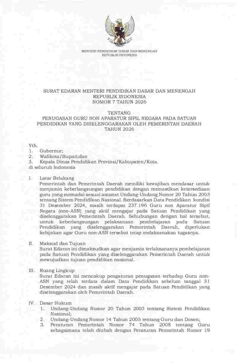 Surat Edaran Menteri Pendidikan Dasar dan Menengah No 7 tahun 2026 tentang Penugasan Guru Non Aparatur Sipil Negara pada Satuan Pendidikan yang Diselenggarakan oleh Pemerintah Daerah Tahun 2026