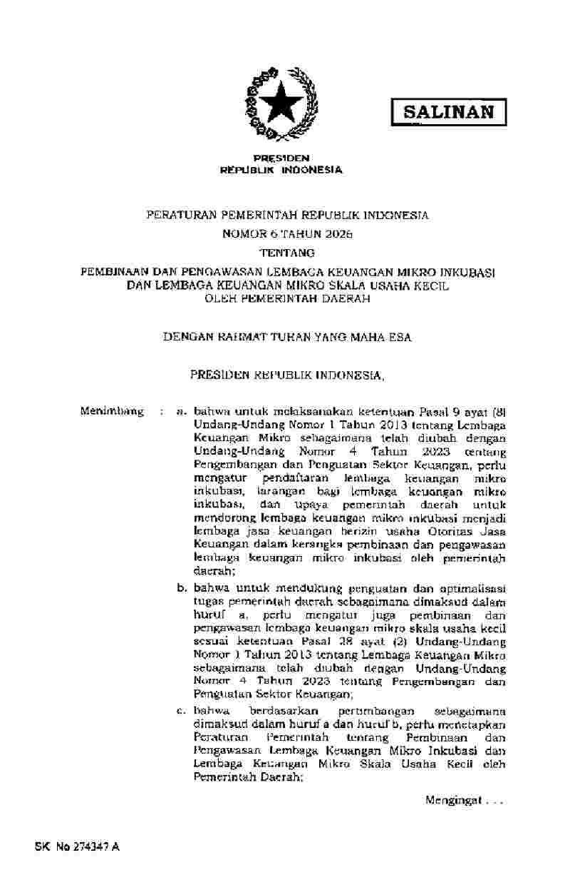 Peraturan Pemerintah No 6 tahun 2026 tentang Pembinaan dan Pengawasan Lembaga Keuangan Mikro Inkubasi dan Lembaga Keuangan Mikro Skala Usaha Kecil oleh Pemerintah Daerah