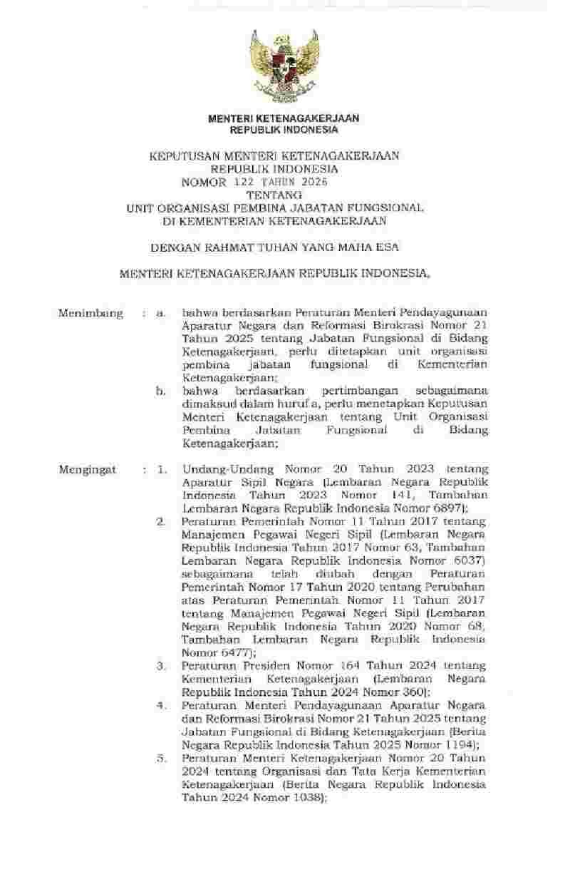 Keputusan Menteri Ketenagakerjaan No 122 tahun 2026 tentang Unit Organisasi Pembina Jabatan Fungsional di Kementerian Ketenagakerjaan