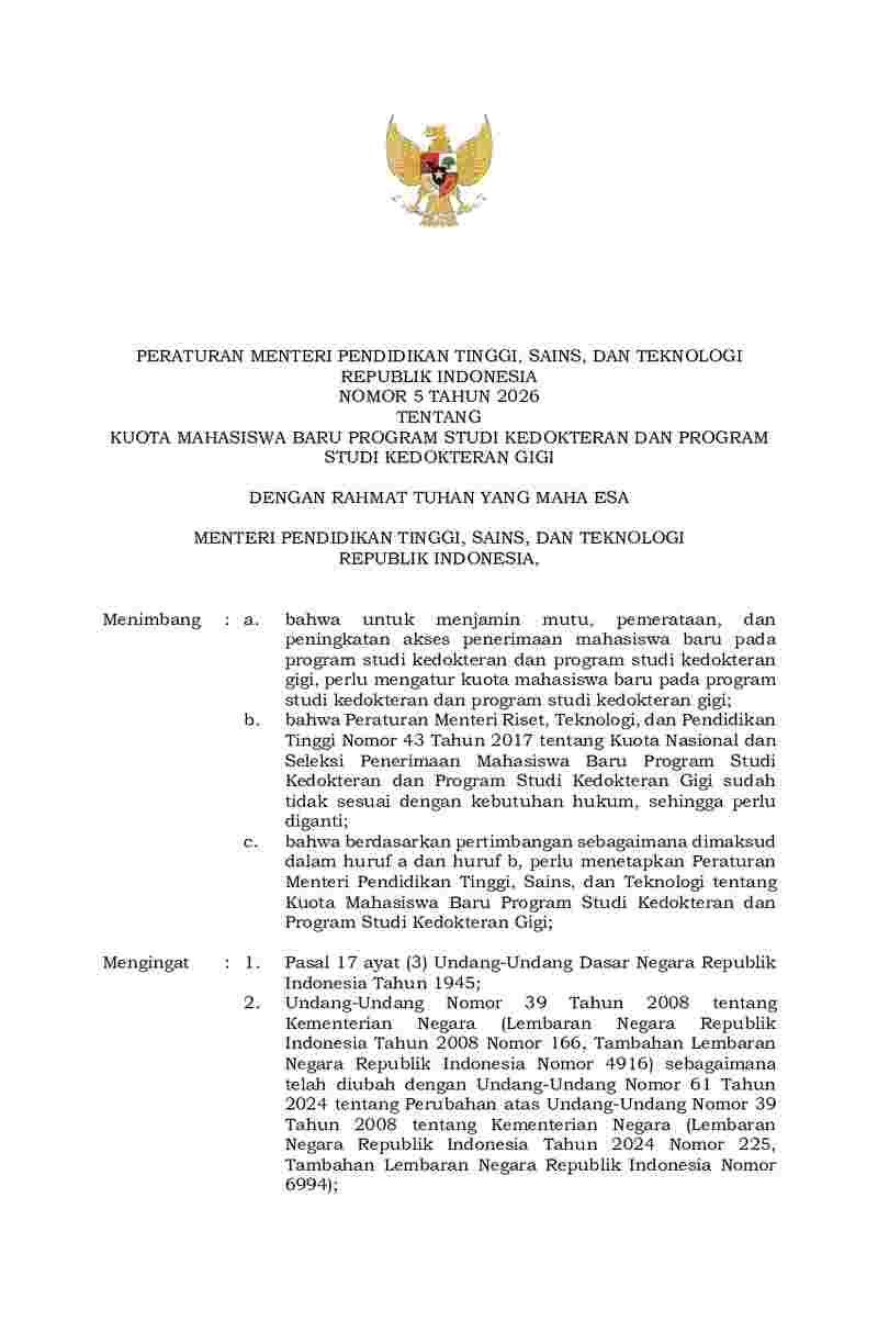 Peraturan Menteri Pendidikan Tinggi, Sains, dan Teknologi No 5 tahun 2026 tentang Kuota Mahasiswa Baru Program Studi Kedokteran dan Program Studi Kedokteran Gigi