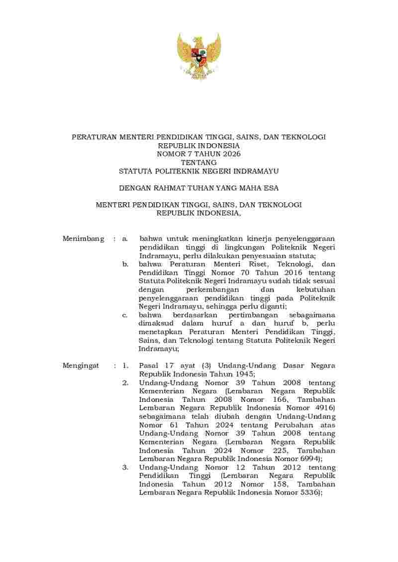 Peraturan Menteri Pendidikan Tinggi, Sains, dan Teknologi No 7 tahun 2026 tentang Statuta Politeknik Negeri Indramayu
