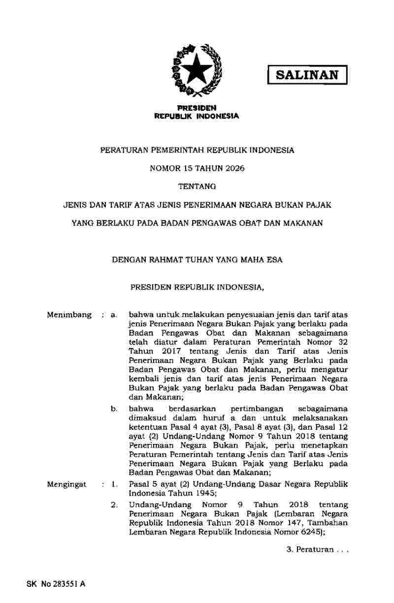 Peraturan Pemerintah No 15 tahun 2026 tentang Jenis dan Tarif atas Jenis Penerimaan Negara bukan Pajak yang Berlaku pada Badan Pengawas Obat dan Makanan