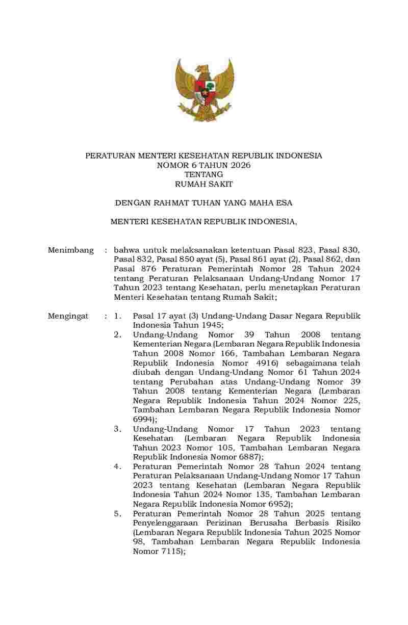 Peraturan Menteri Kesehatan No 6 tahun 2026 tentang Rumah Sakit
