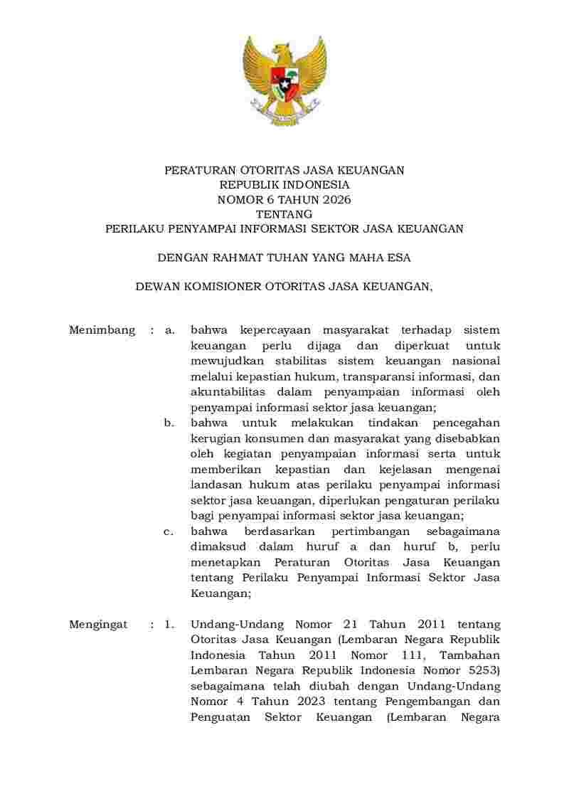 Peraturan Otoritas Jasa Keuangan (OJK) No 6 tahun 2026 tentang Perilaku Penyampai Informasi Sektor Jasa Keuangan