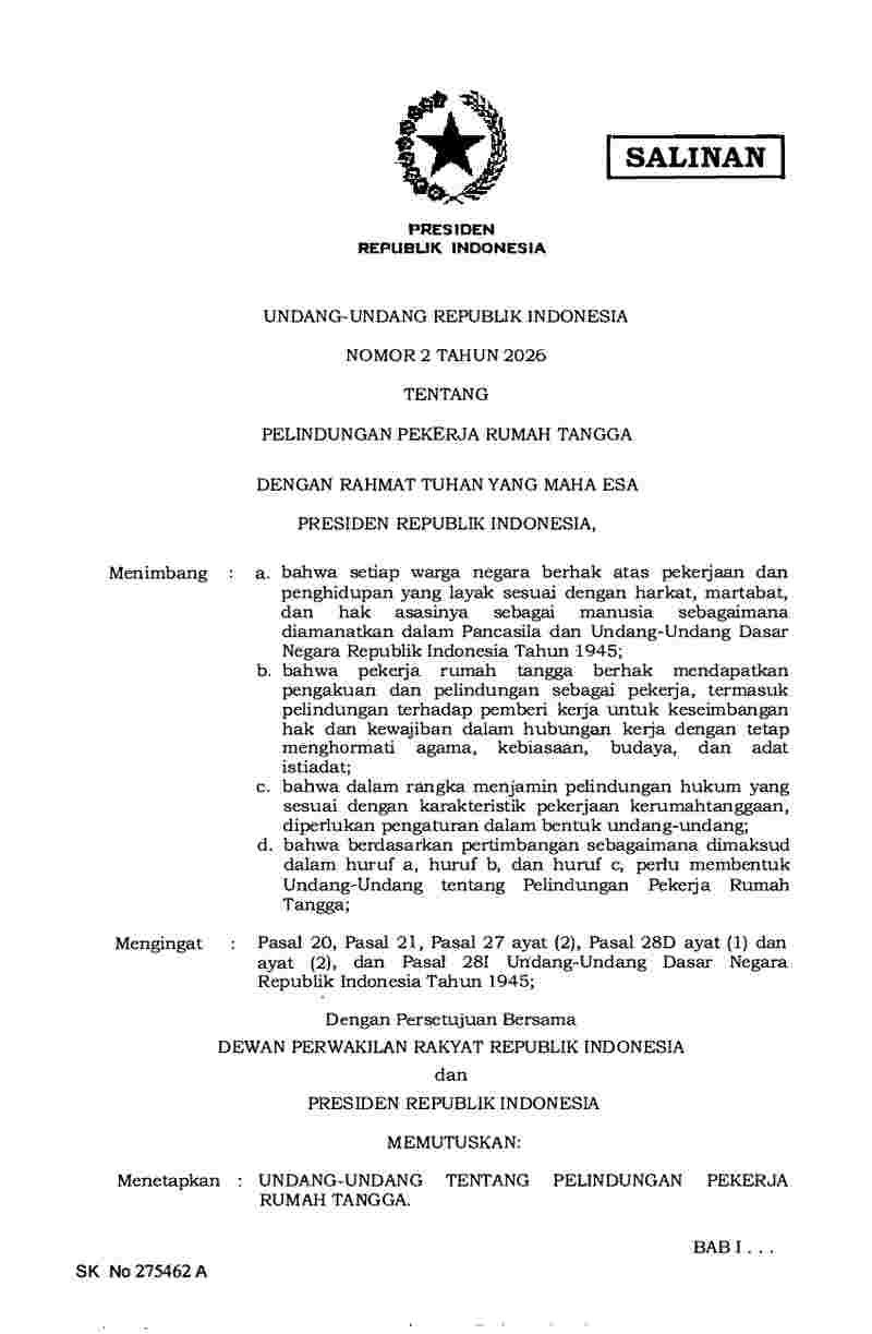 Undang Undang No 2 tahun 2026 tentang Pelindungan Pekerja Rumah Tangga 