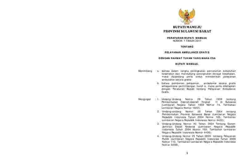 Peraturan Bupati Mamuju No 1 tahun 2017 tentang Pelayanan Ambulance Gratis