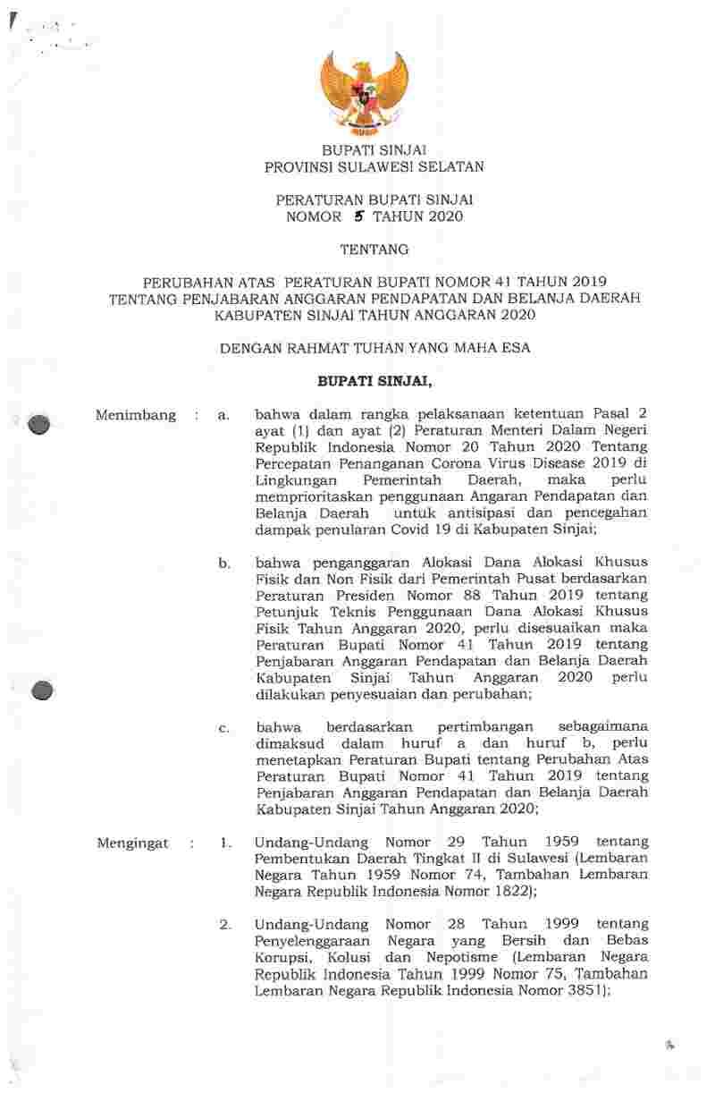 Peraturan Bupati Sinjai No 5 tahun 2020 tentang Perubahan atas Peraturan Bupati Nomor 41 Tahun 2019 tentang Penjabaran Anggaran Pendapatan dan Belanja Daerah Kabupaten Sinjai Tahun Anggaran 2020
