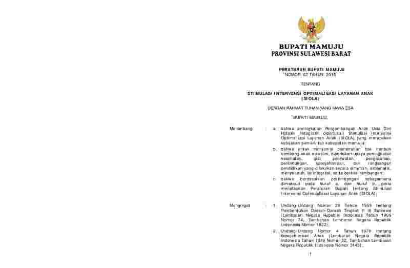 Peraturan Bupati Mamuju No 62 tahun 2016 tentang Stimulasi Intervensi Optimalisasi Layanan Anak (SIOLA)