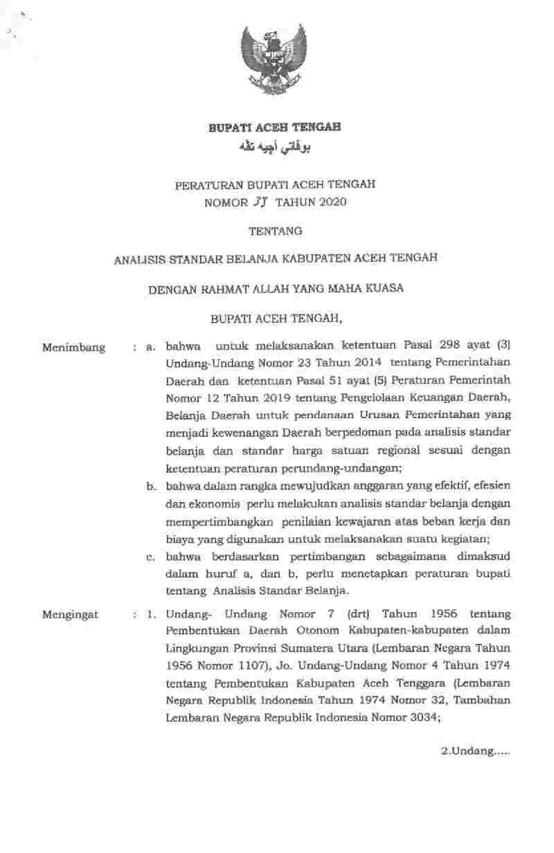 Peraturan Bupati Aceh Tengah No 33 tahun 2020 tentang Analisis Standar Belanja Kabupaten Aceh Tengah