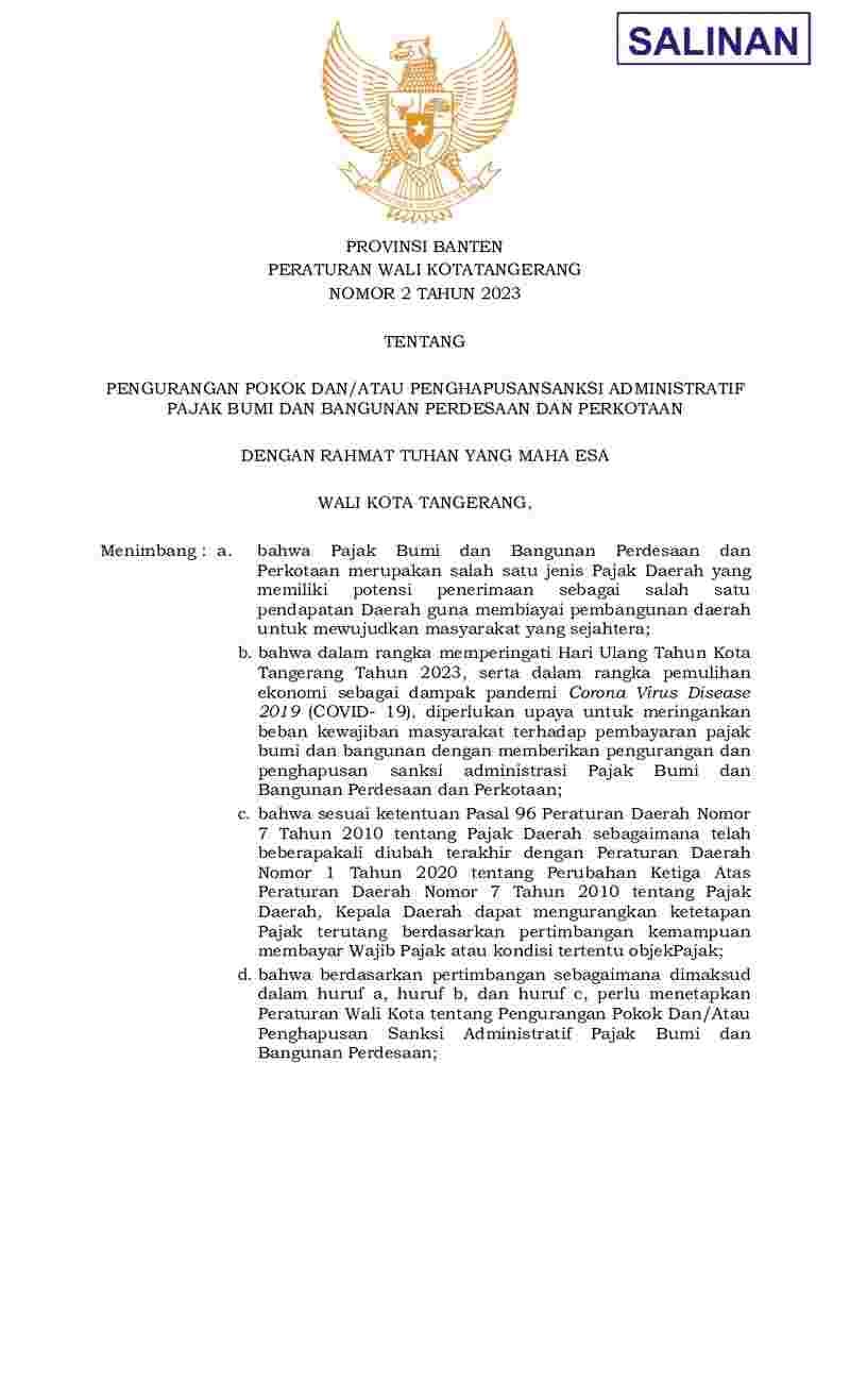 Peraturan Walikota Tangerang No 2 tahun 2023 tentang Pengurangan Pokok Dan/Atau Penghapusan Sanksi Administratif Pajak Bumi Dan Bangunan Perdesaan Dan Perkotaan