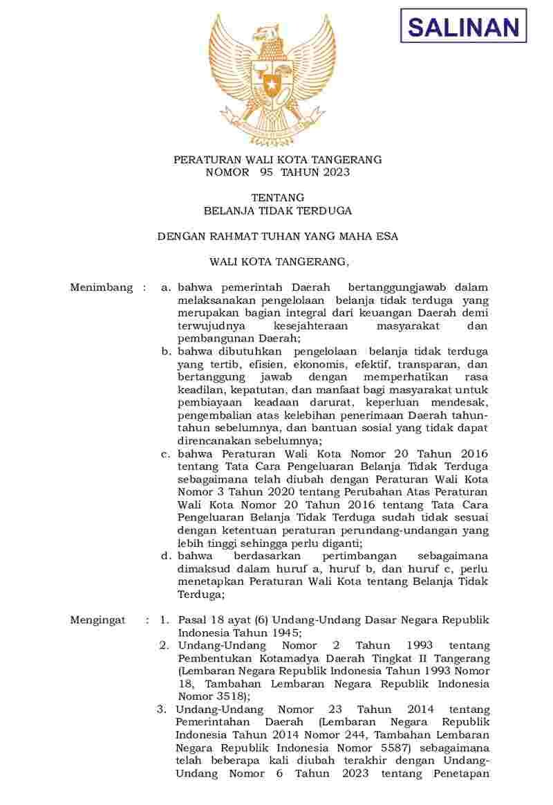 Peraturan Walikota Tangerang No 95 tahun 2023 tentang Belanja Tidak Terduga