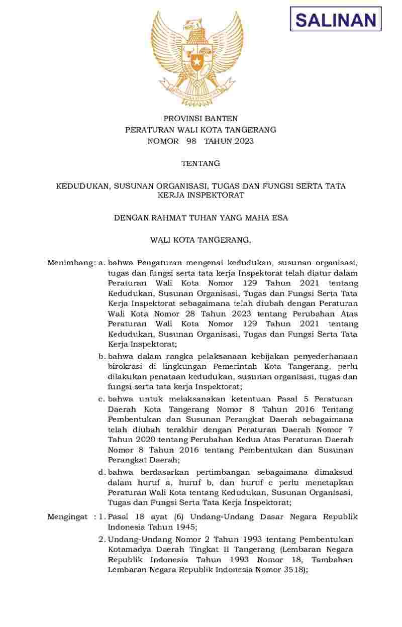 Peraturan Walikota Tangerang No 98 tahun 2023 tentang Kedudukan, Susunan Organisasi, Tugas Dan Fungsi Serta Tata Kerja Inspektorat