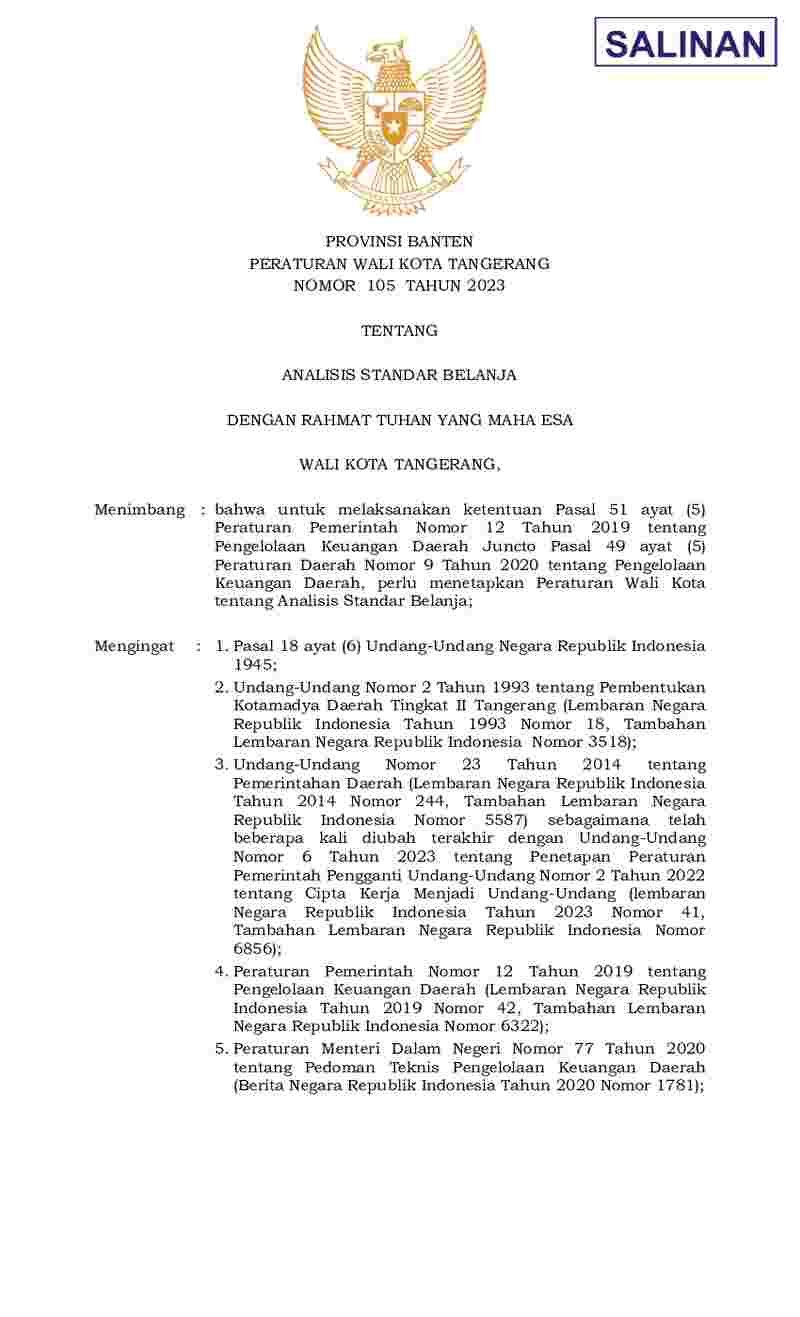 Peraturan Walikota Tangerang No 105 tahun 2023 tentang Analisis Standar Belanja