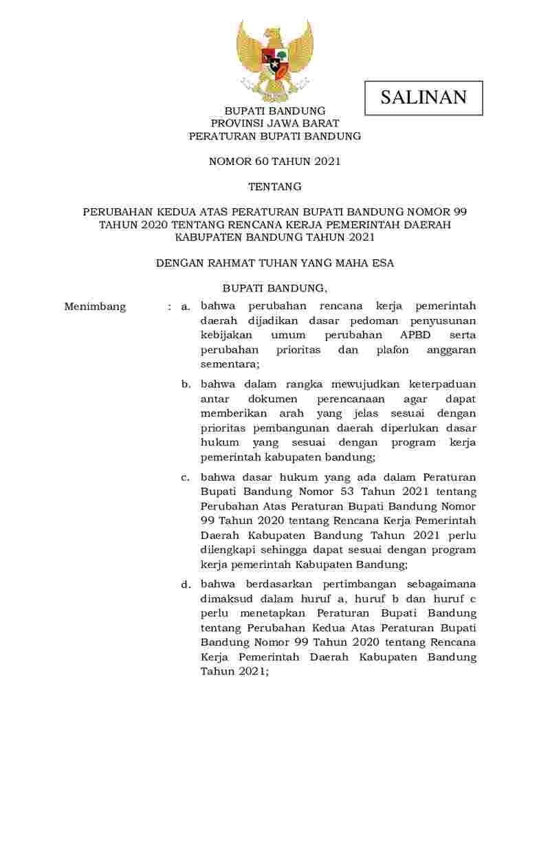 Peraturan Bupati Bandung No 60 tahun 2021 tentang Perubahan Kedua atas Peraturan Bupati Bandung Nomor 99 Tahun 2020 tentang Rencana Kerja Pemerintah Daerah Kabupaten Bandung Tahun 2021