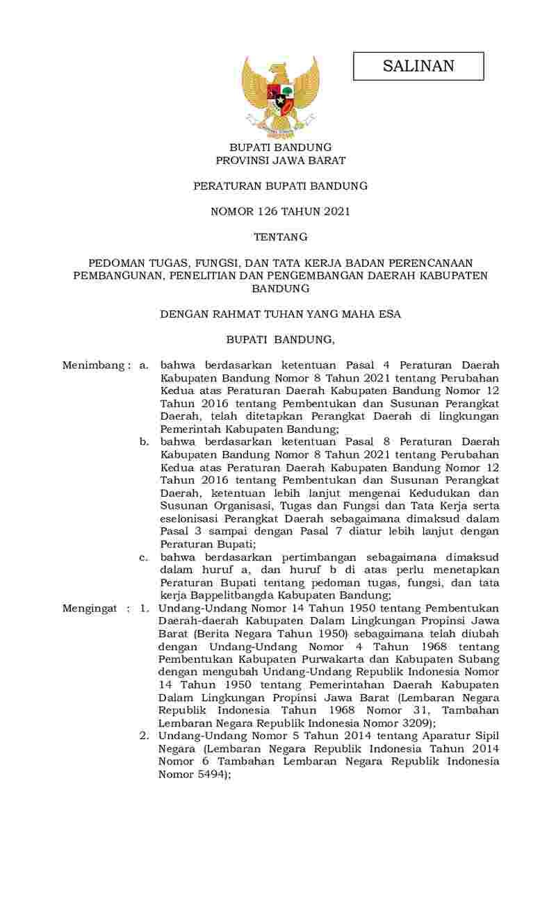 Peraturan Bupati Bandung No 126 tahun 2021 tentang Pedoman Tugas, Fungsi, Dan Tata Kerja Badan Perencanaan Pembangunan, Penelitian Dan Pengembangan Daerah Kabupaten Bandung
