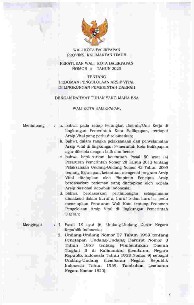 Peraturan Walikota Balikpapan No 8 tahun 2020 tentang Pedoman Pengelolaan Arsip Vital di Lingkungan Pemerintah Daerah
