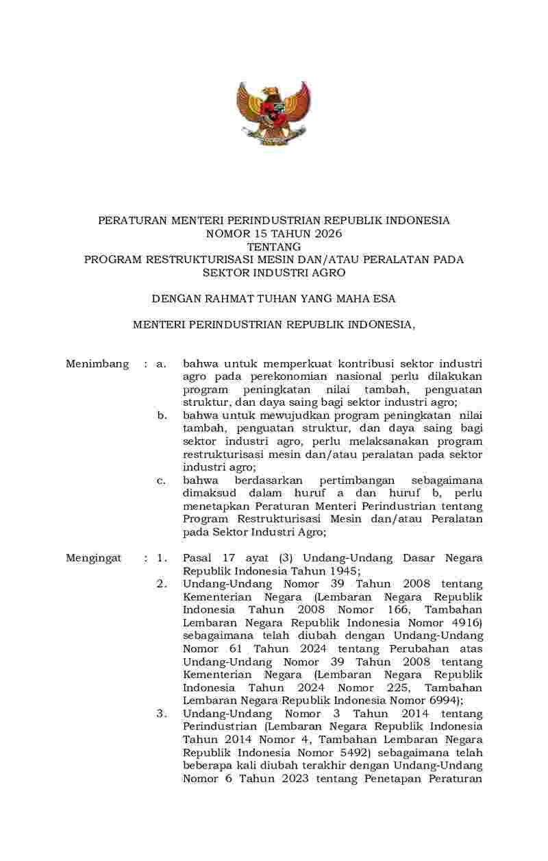 Peraturan Menteri Perindustrian No 15 tahun 2026 tentang Program Restrukturisasi Mesin dan/atau Peralatan pada Sektor Industri Agro