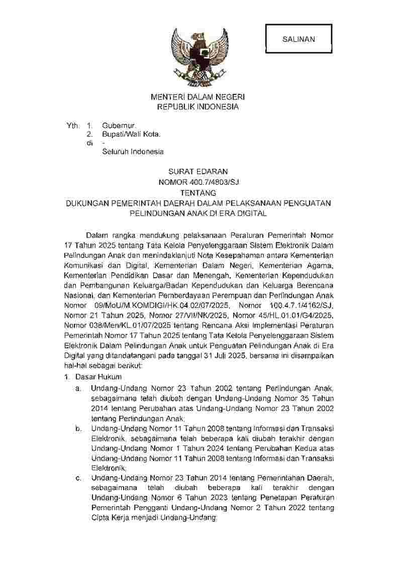 Surat Edaran Menteri Dalam Negeri No 400.7/4803/SJ tahun 2026 tentang Dukungan Pemerintah Daerah dalam Pelaksanaan Penguatan Pelindungan Anak di Era Digital