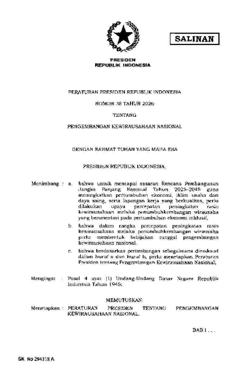 Peraturan Presiden No 38 tahun 2026 tentang Pengembangan Kewirausahaan Nasional