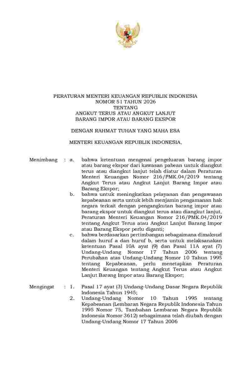 Peraturan Menteri Keuangan No 51 tahun 2026 tentang Angkut Terus atau Angkut Lanjut Barang Impor atau Barang Ekspor