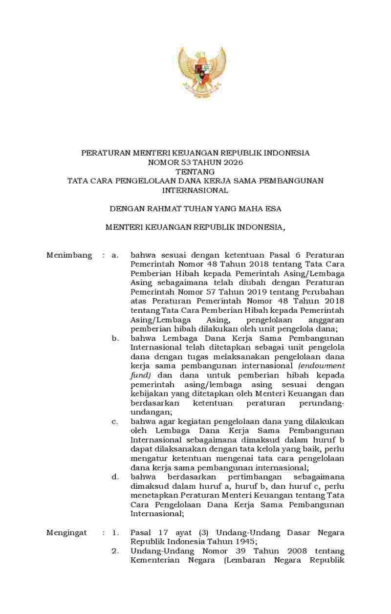 Peraturan Menteri Keuangan No 53 tahun 2026 tentang Tata Cara Pengelolaan Dana Kerja Sama Pembangunan Internasional 
