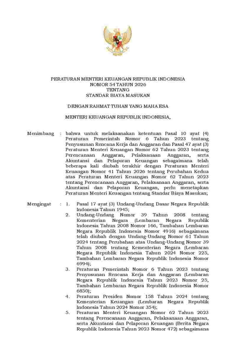 Peraturan Menteri Keuangan No 54 tahun 2026 tentang Standar Biaya Masukan