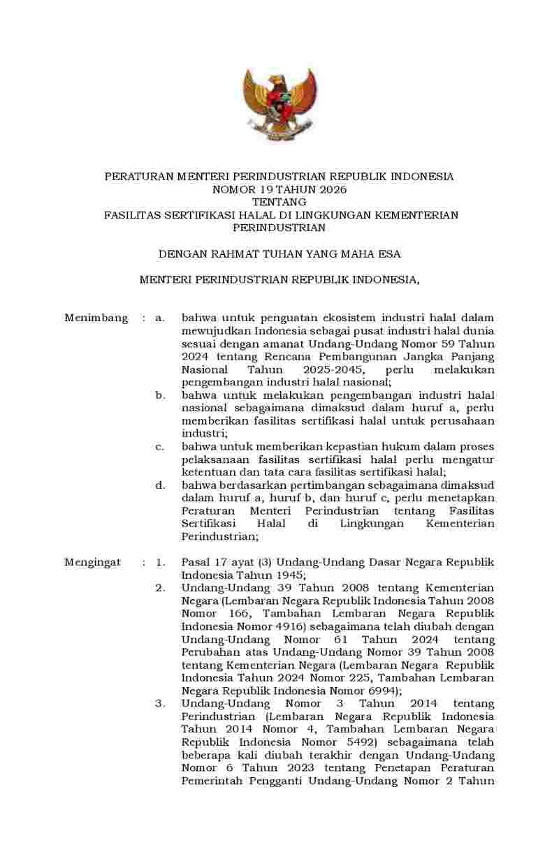 Peraturan Menteri Perindustrian No 19 tahun 2026 tentang Fasilitas Sertifikasi Halal di Lingkungan Kementerian Perindustrian