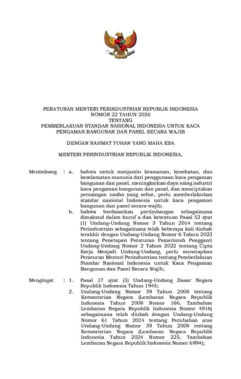 Peraturan Menteri Perindustrian No 22 tahun 2026 tentang Pemberlakuan Standar Nasional Indonesia untuk Kaca Pengaman Bangunan dan Panel secara Wajib