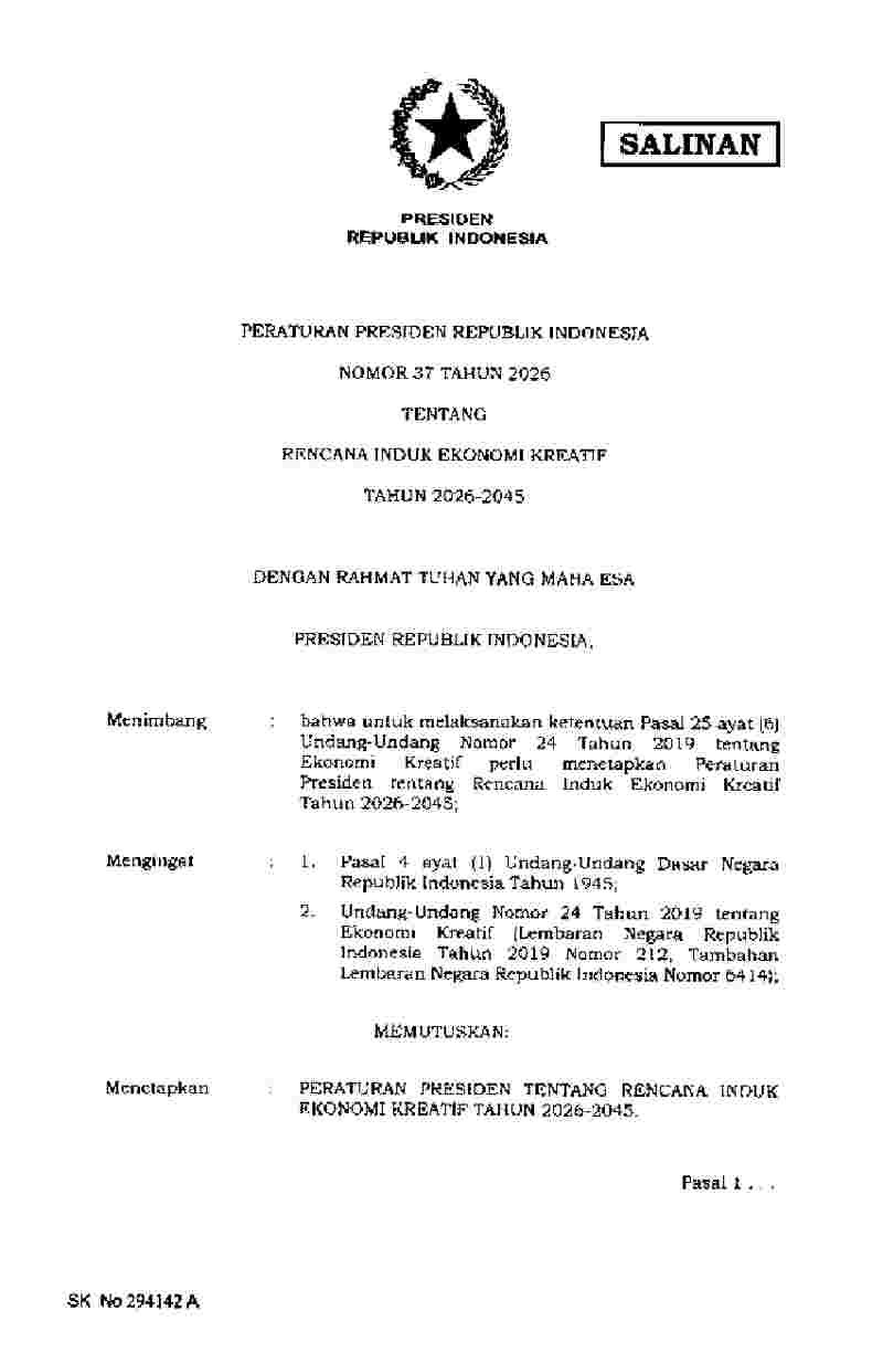 Peraturan Presiden No 37 tahun 2026 tentang Rencana Induk Ekonomi Kreatif Tahun 2026-2045
