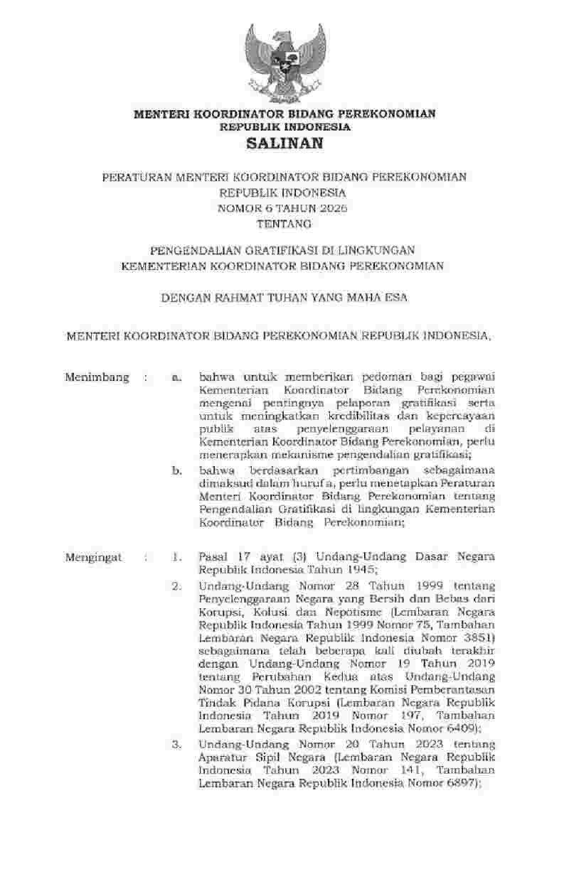 Peraturan Menko Perekonomian No 6 tahun 2026 tentang Pengendalian Gratifikasi di Lingkungan Kementerian Koordinator Bidang Perekonomian