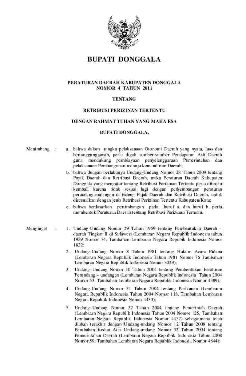 Peraturan Daerah Kabupaten Donggala No 4 tahun 2011 tentang Retribusi Perizinan Tertentu