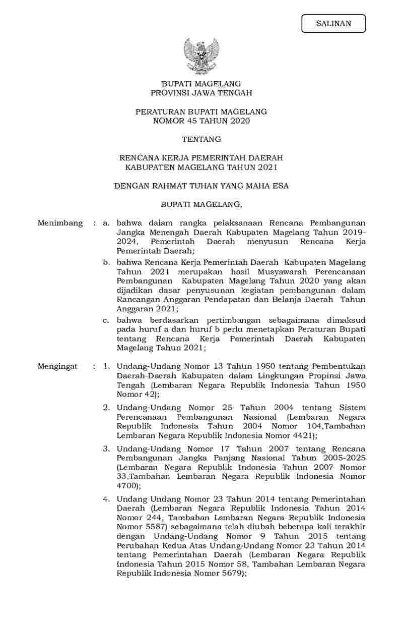 Peraturan Bupati Magelang No 45 tahun 2020 tentang Rencana Kerja Pemerintah Daerah Kabupaten Magelang Tahun 2021