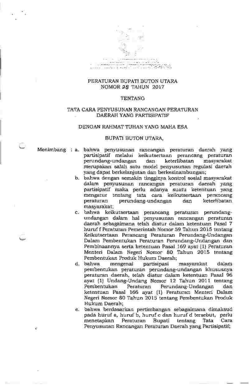 Peraturan Bupati Buton Utara No 28 tahun 2017 tentang Tata Cara Penyusunan Rancangan Peraturan Daerah yang Partisipatif