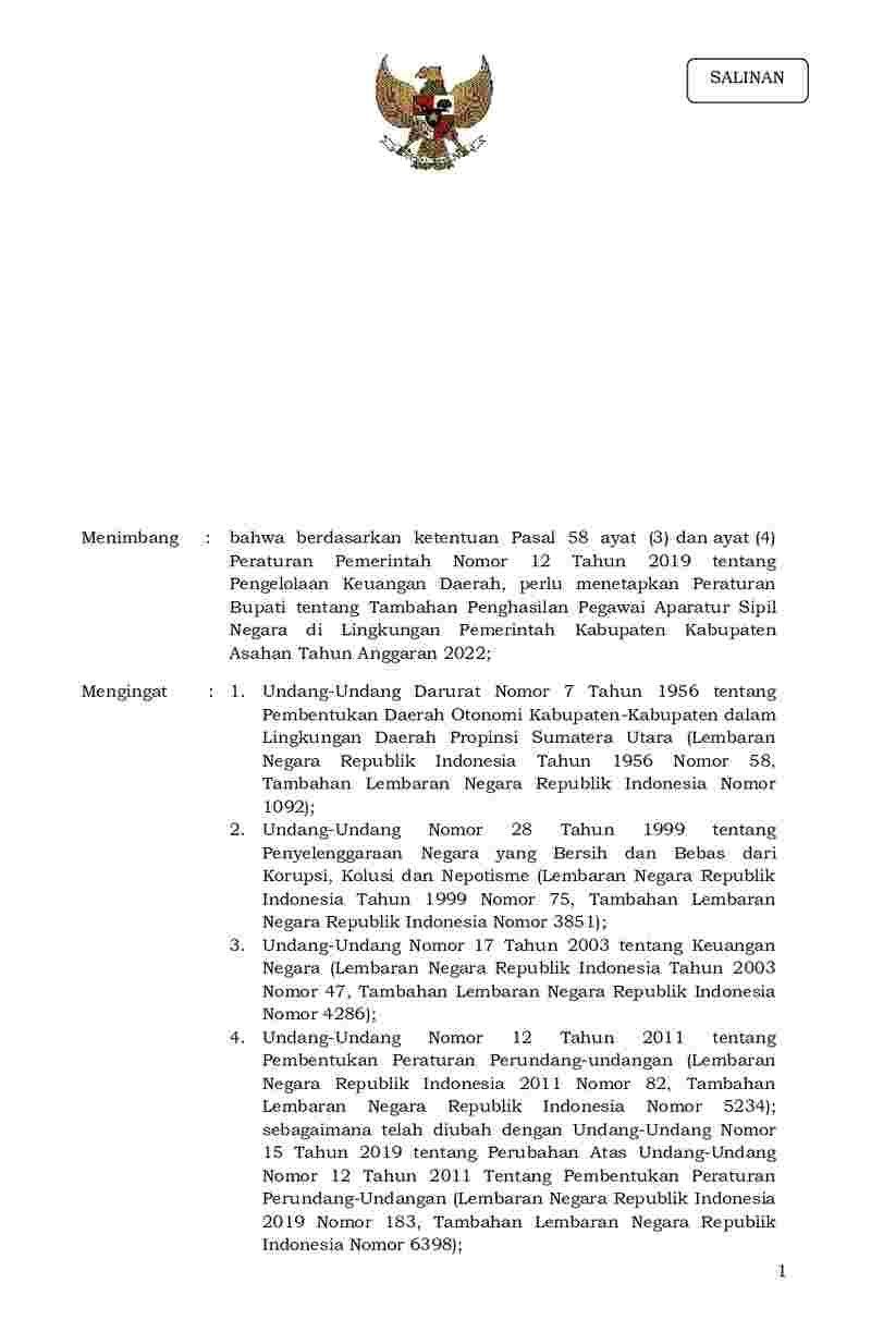 Peraturan Bupati Asahan No 10 tahun 2022 tentang Tambahan Penghasilan Pegawai Aparatur Sipil Negara di Lingkungan Pemerintah Kabupaten Asahan Tahun Anggaran 2022