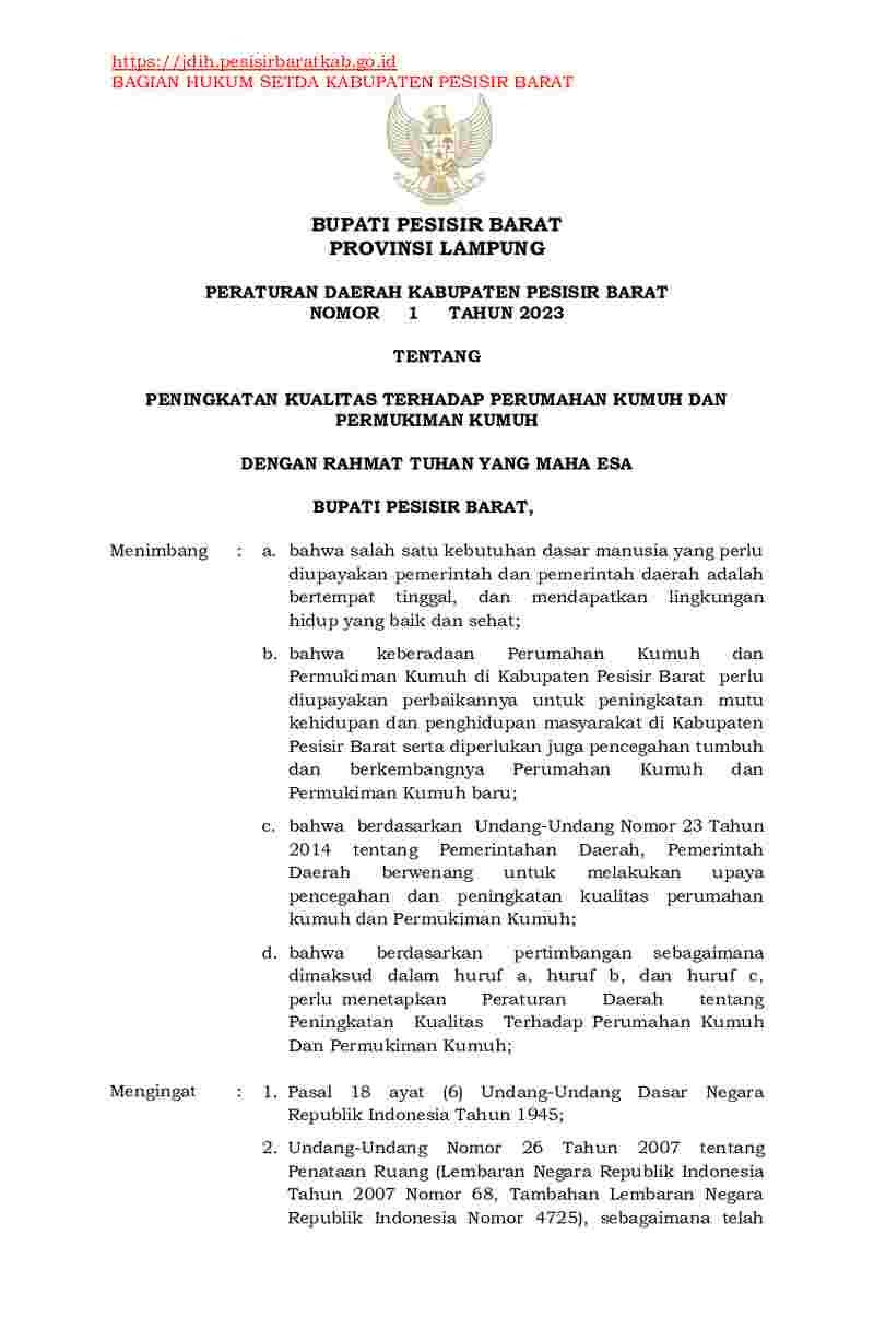 Peraturan Daerah Kabupaten Pesisir Barat No 1 tahun 2023 tentang Peningkatan Kualitas Terhadap Perumahan Kumuh dan Permukiman Kumuh
