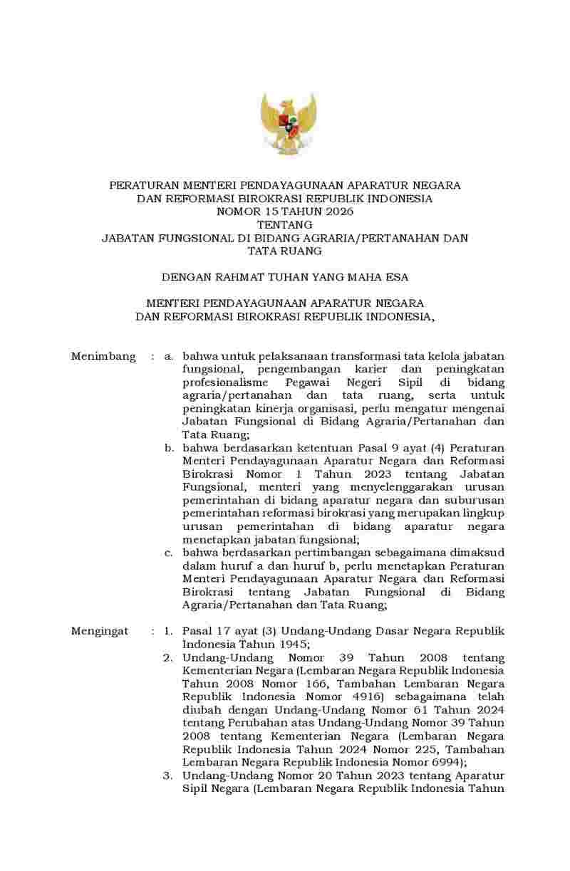 Peraturan Menteri Negara Pendayagunaan Aparatur Negara dan Reformasi Birokrasi No 15 tahun 2026 tentang Jabatan Fungsional di Bidang Agraria/Pertanahan dan Tata Ruang